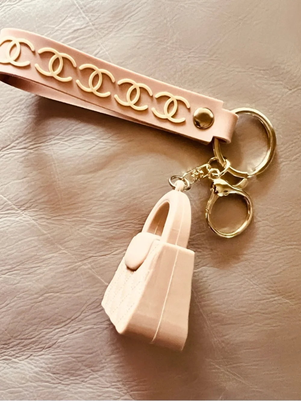 Tan Quilted Mini Bag CC Logo Keyring with Gold Hardware.        NEW
